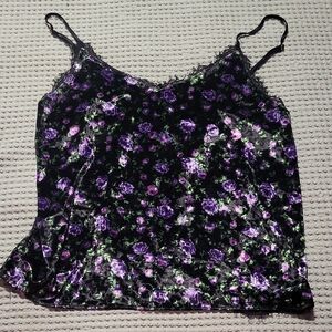 Victoria's Secret Black Satin Cami with Purple Floral Print
